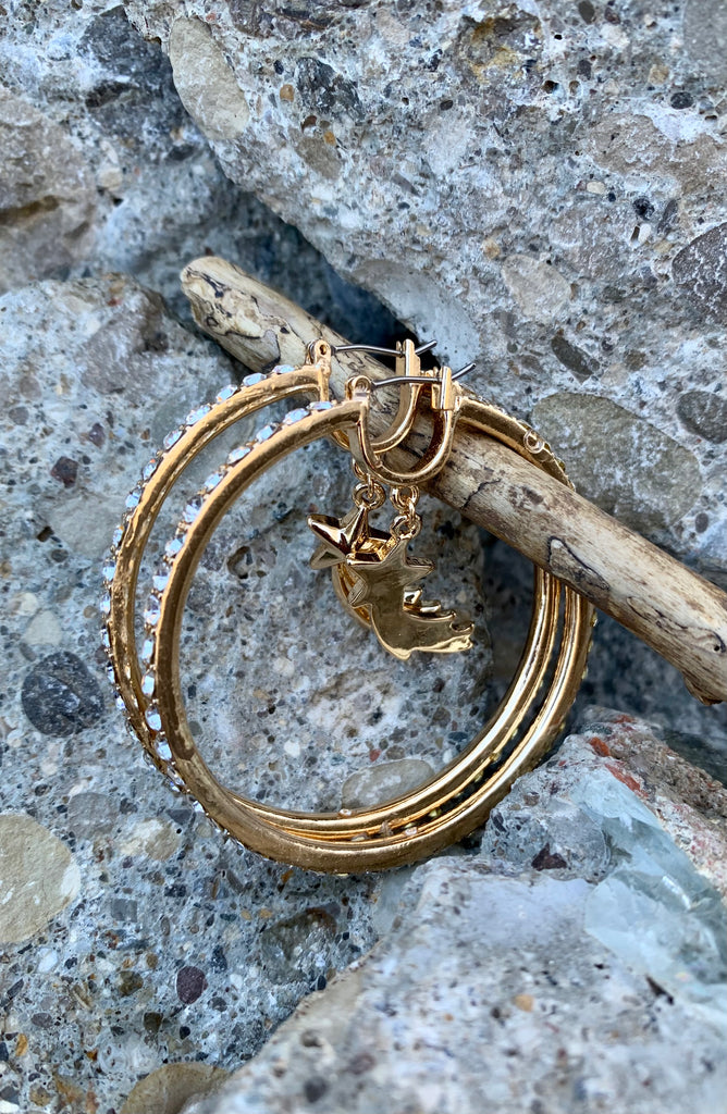 Betsey Johnson Celestial Star Pave Gold Hoop Earrings