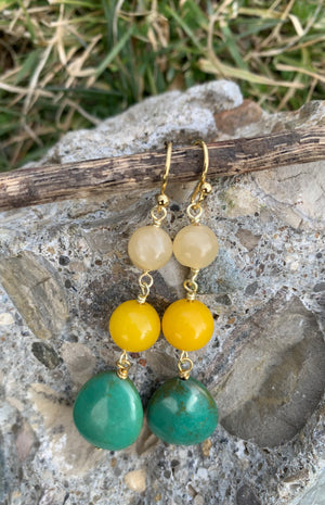 Yellow Jade, Agate & Turquoise Magnesite Beaded Drop Earrings