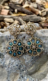 Filigree Gold & Blue Floral Drop Earrings