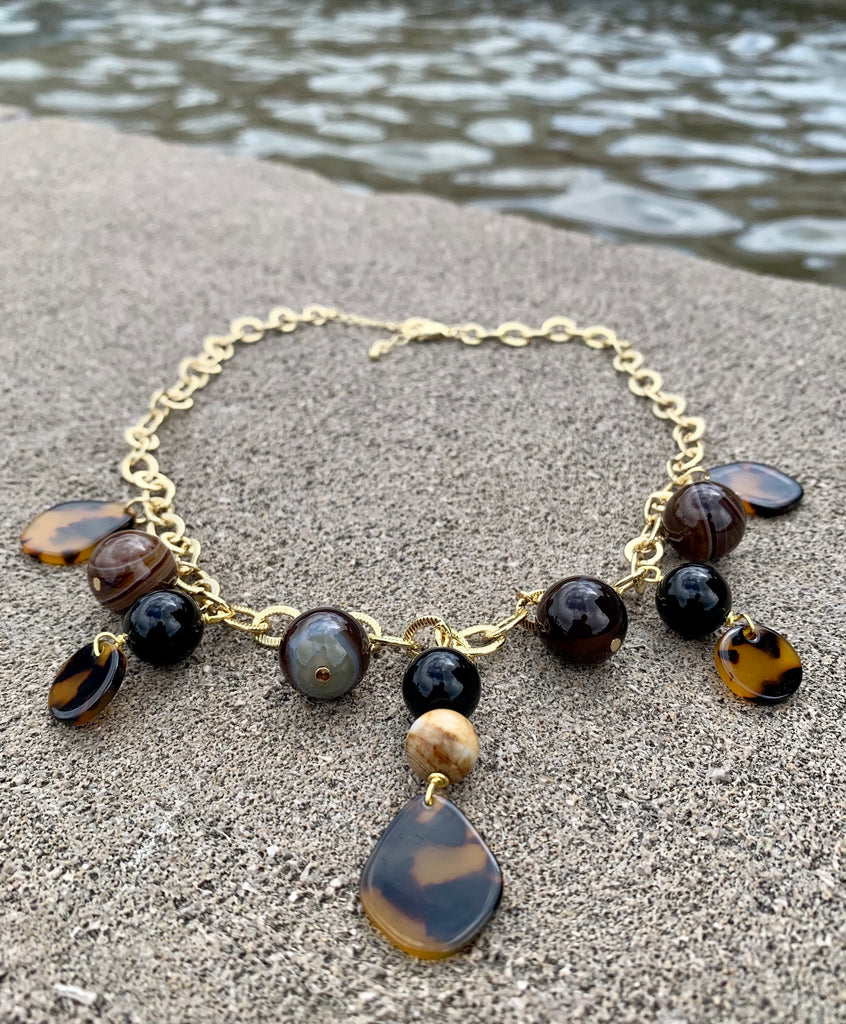 Midnight Black Onyx, Agate & Tortoise Chain Link Drop Pendant Necklace