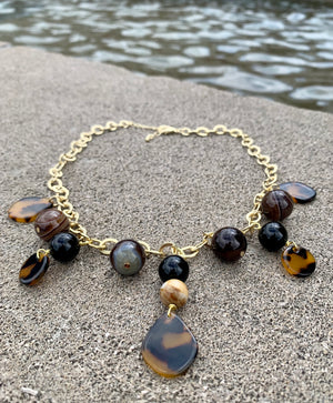 Midnight Black Onyx, Agate & Tortoise Chain Link Drop Pendant Necklace