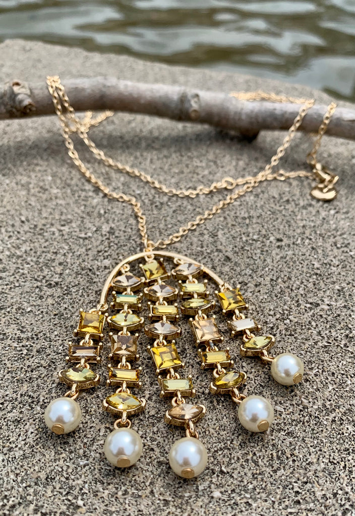 Metallic Multi-Layered Yellow & Pearl Jeweled Chandelier Necklace
