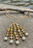 Metallic Multi-Layered Yellow & Pearl Jeweled Chandelier Necklace