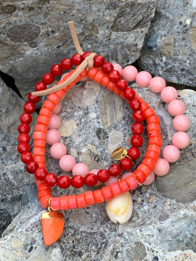 Barse Triple Strand Melon, Red, and Peach Coral Beaded Bracelet