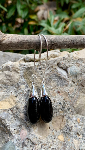 Chic Silver Black Bead Dangle Earrings