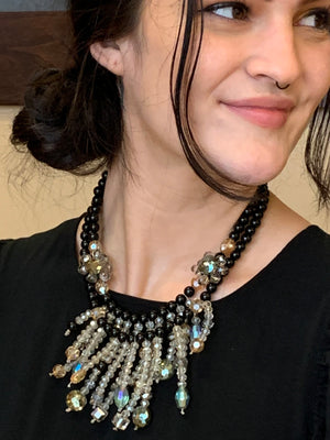 Cascading Aurora Borealis Crystal & Onyx Bead Fringe Necklace