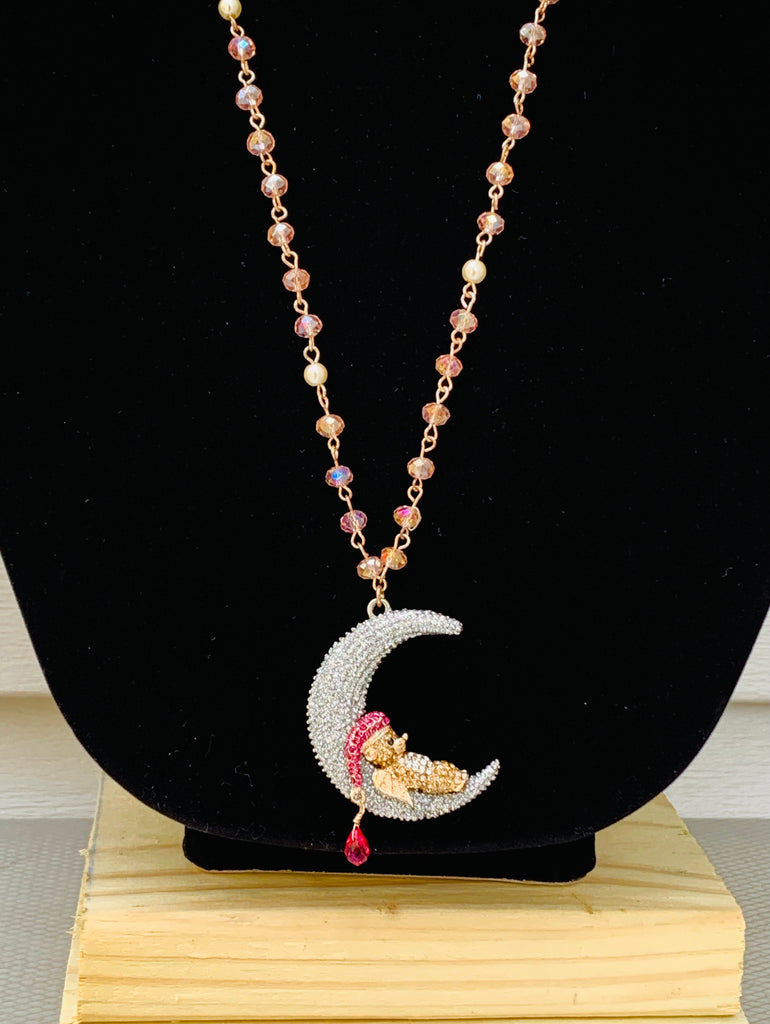Betsey Johnson Get Your Wings Bear Moon Long Pendant Necklace in Blush