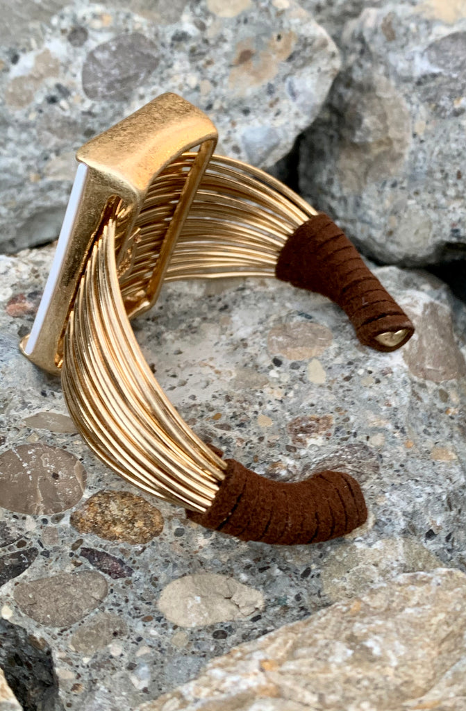 Mother of Pearl Brushed Gold Cuff Geometric Multi-Row Bracelet