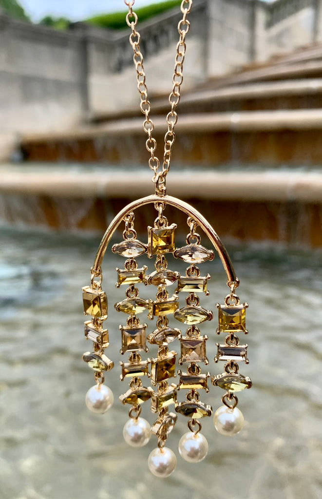Metallic Multi-Layered Yellow & Pearl Jeweled Chandelier Necklace
