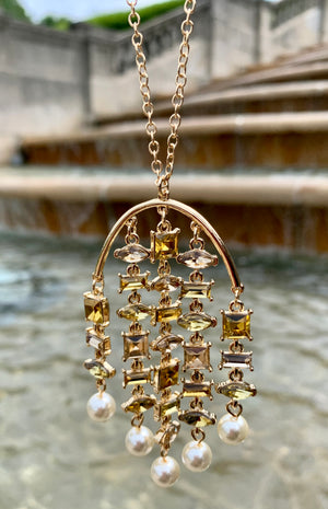 Metallic Multi-Layered Yellow & Pearl Jeweled Chandelier Necklace