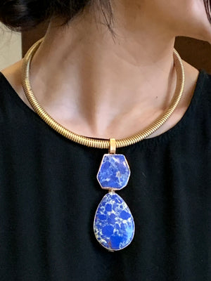 Natural Marbleized Blue Lapis Lazuli & Mesh Pendant Necklace