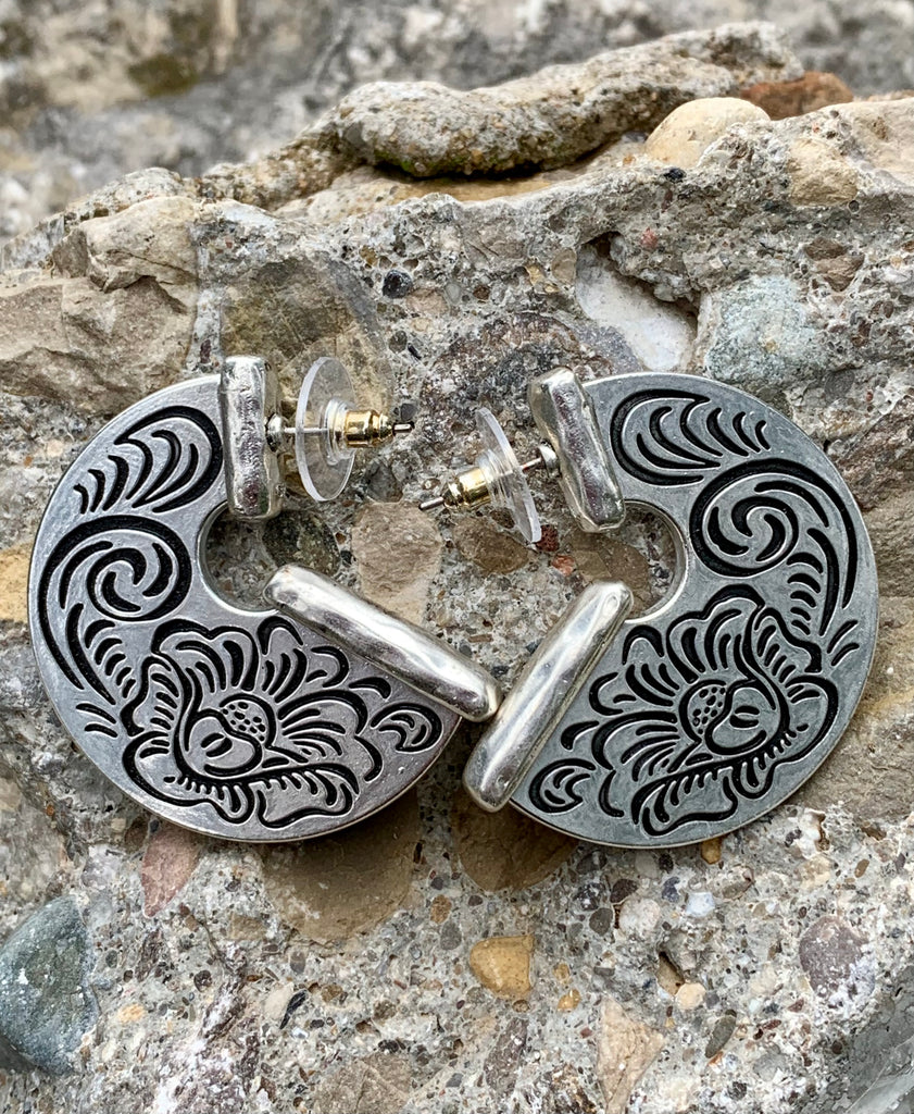 Silver Tone Navy Multi-Color Floral Leather Inset Hoop Earrings