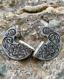 Silver Tone Navy Multi-Color Floral Leather Inset Hoop Earrings