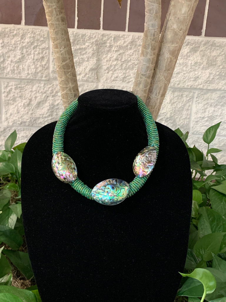Iridescent Green Abalone Seashell Triple Pendant Statement Necklace
