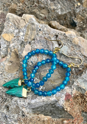 Barse Malachite Agate, Bronze & Teal Beaded Forward Facing Hoop Earrings