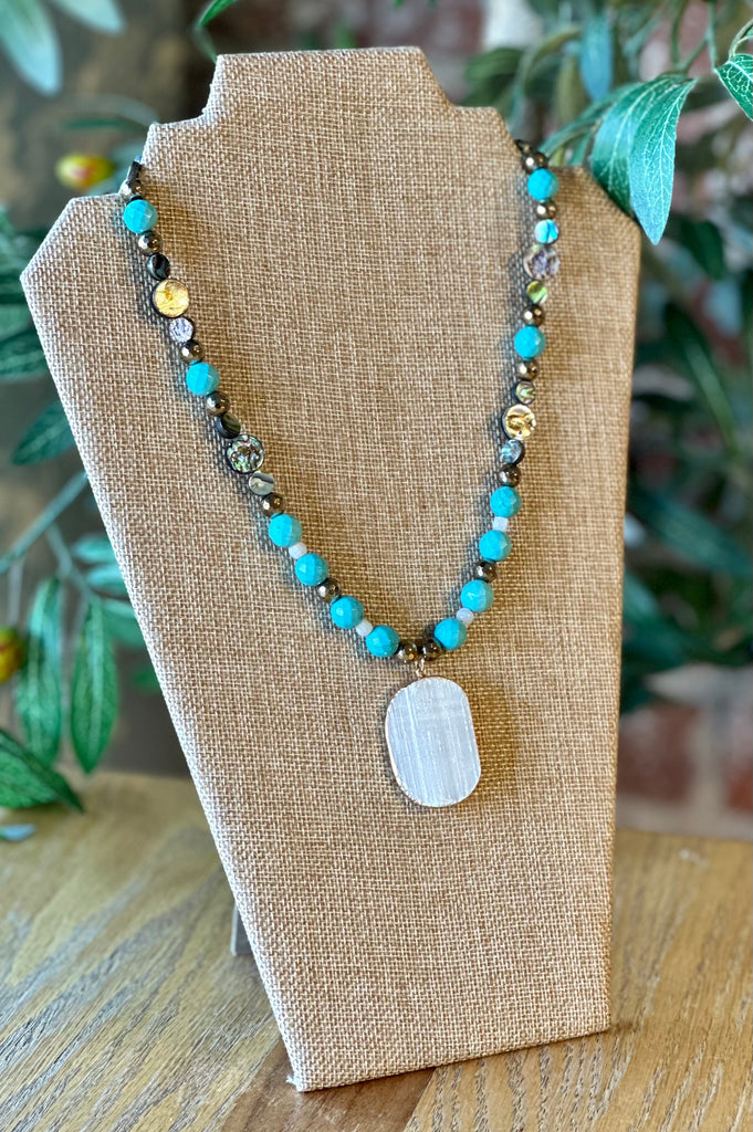 Abalone and Turquoise Magnesite Selenite Pendant Necklace