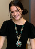 Green & Amber Flower Pendant Link Chain Necklace
