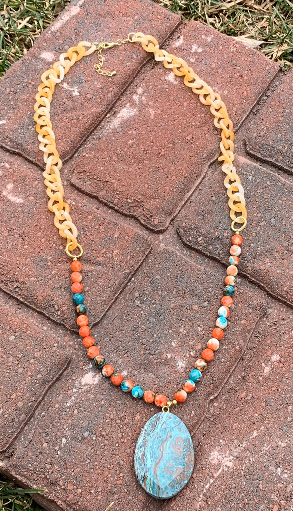 Spiny Oyster, Resin & Jasper Pendant Necklace