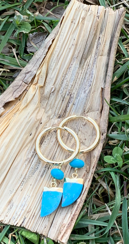 Turquoise Magnesite & Bronze Hoop Horn Drop Earrings