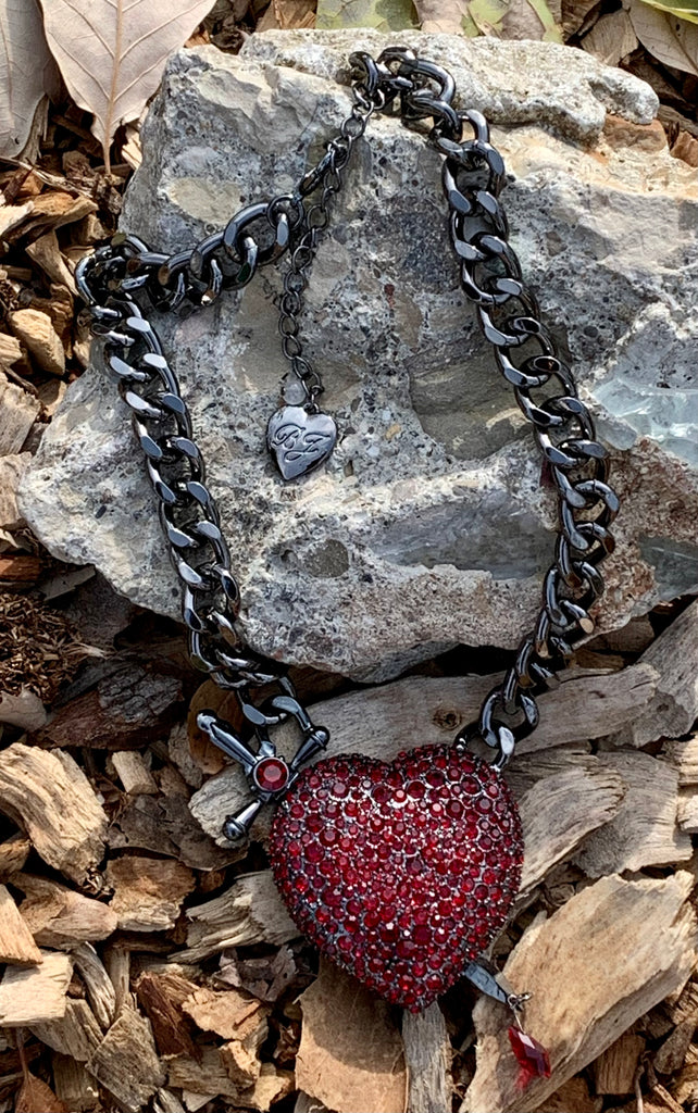 "A Sword Through My Heart" Red Pave Heart & Sword Pendant Necklace