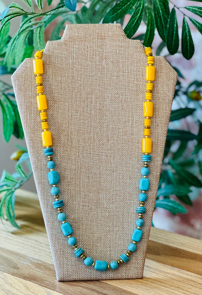 Turquoise and Yellow Jade Long Necklace