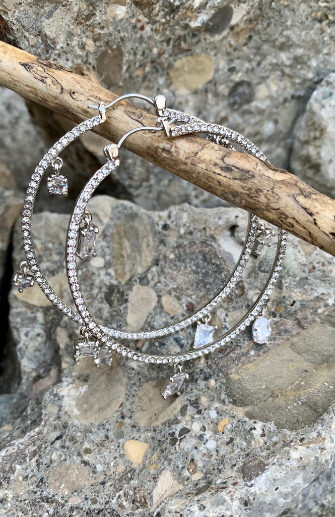 Vince Camuto Silver Metallic Jeweled Charm Hoop Earrings