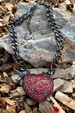 "A Sword Through My Heart" Red Pave Heart & Sword Pendant Necklace