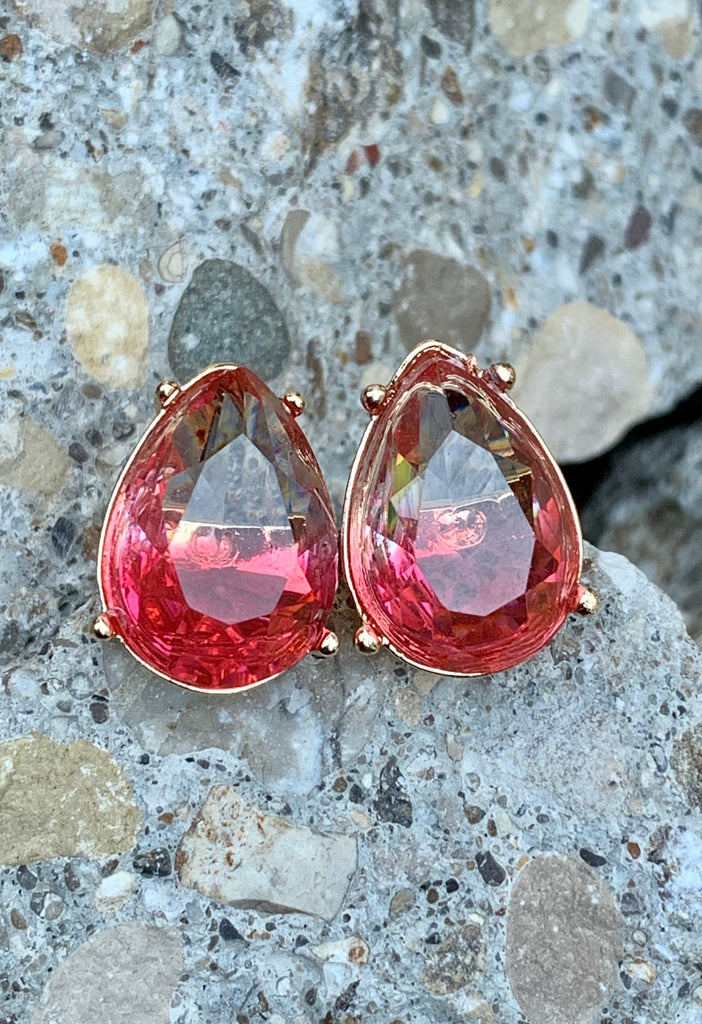 Teardrop Translucent Pink & Crystal Stud Earrings