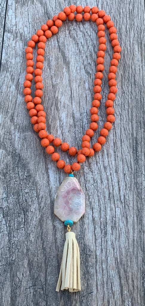 Melon Jade Beaded Leather Tassel Necklace