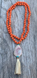 Melon Jade Beaded Leather Tassel Necklace