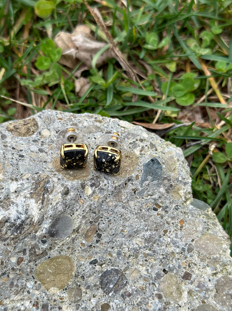 Mini Square Black & Gold Glitter Stud Earrings