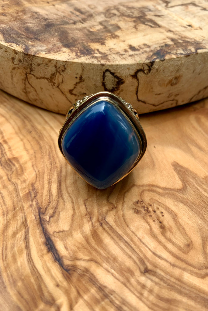 Blue Agate & Bronze Scrolled Ring Size 9
