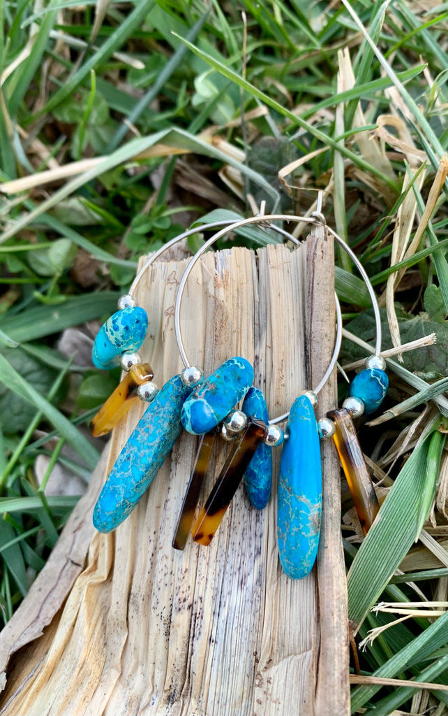 Turquoise Magnesite and Tortoise Shell Hoop Earrings