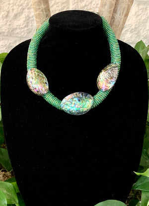 Iridescent Green Abalone Seashell Triple Pendant Statement Necklace