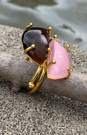 Rose Quartz & Tigers Eye Double Stone Adjustable Ring