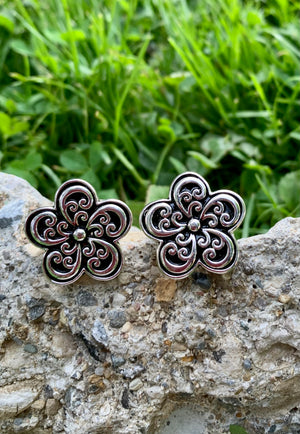 Scroll Silver & Black Flower Scroll Clip-On Earrings