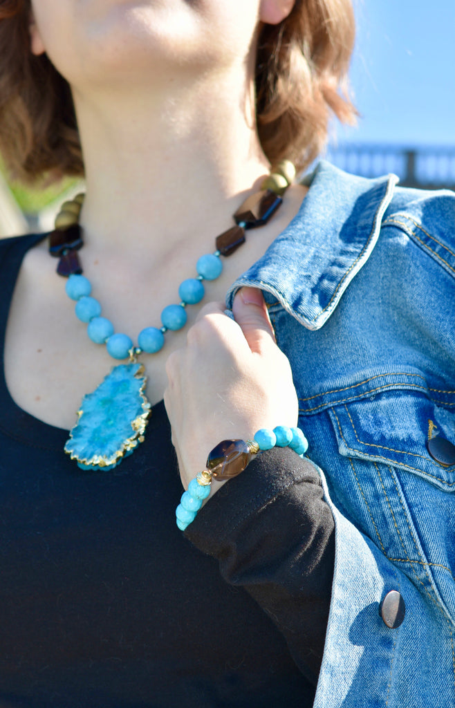 Matte Gold & Teal Drusy Slab Pendant Necklace
