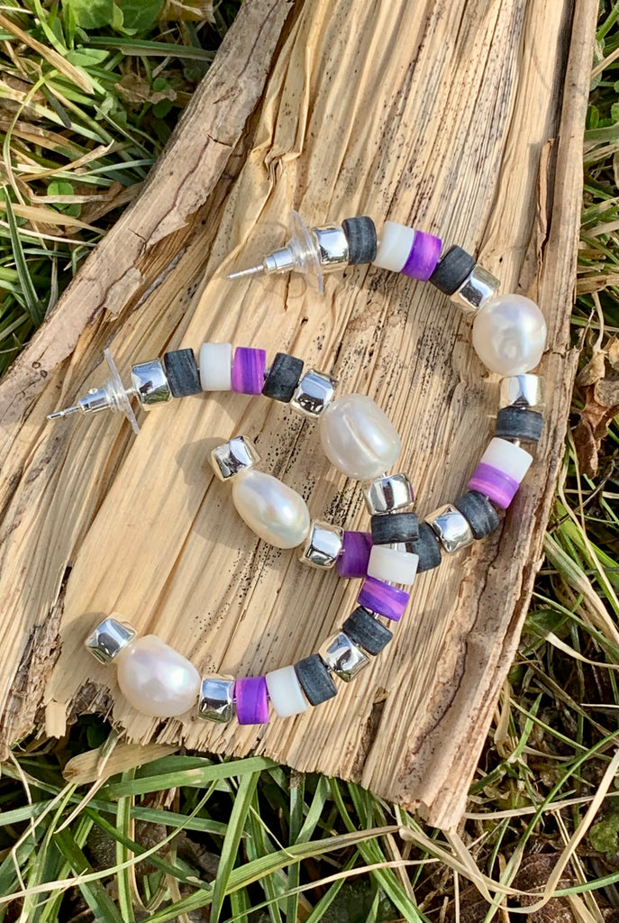 Rachel Bright Silver Hoop Earrings in Purple Mix