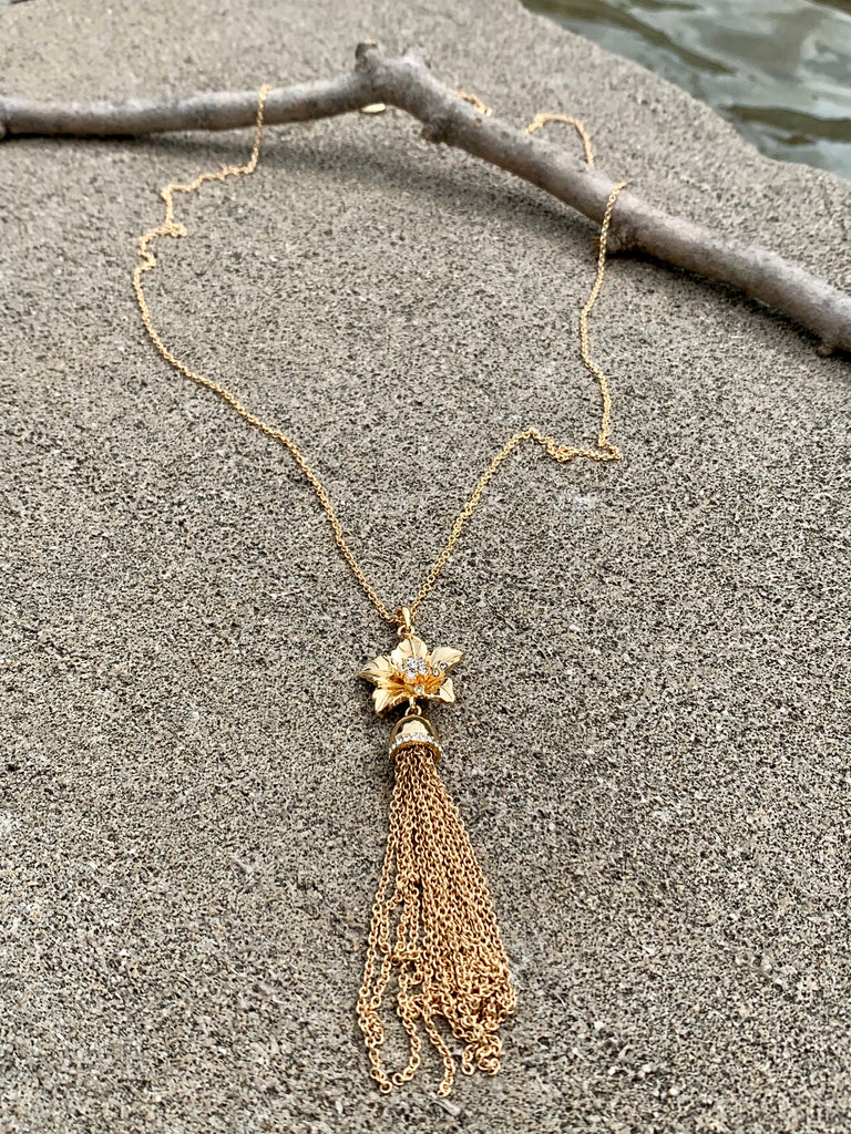 Vince Camuto Gold CZ Flower Tassel Pendant Necklace