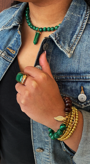 Barse Gaelic Malachite, Wood, and Bronze Beaded Stretch Bracelet