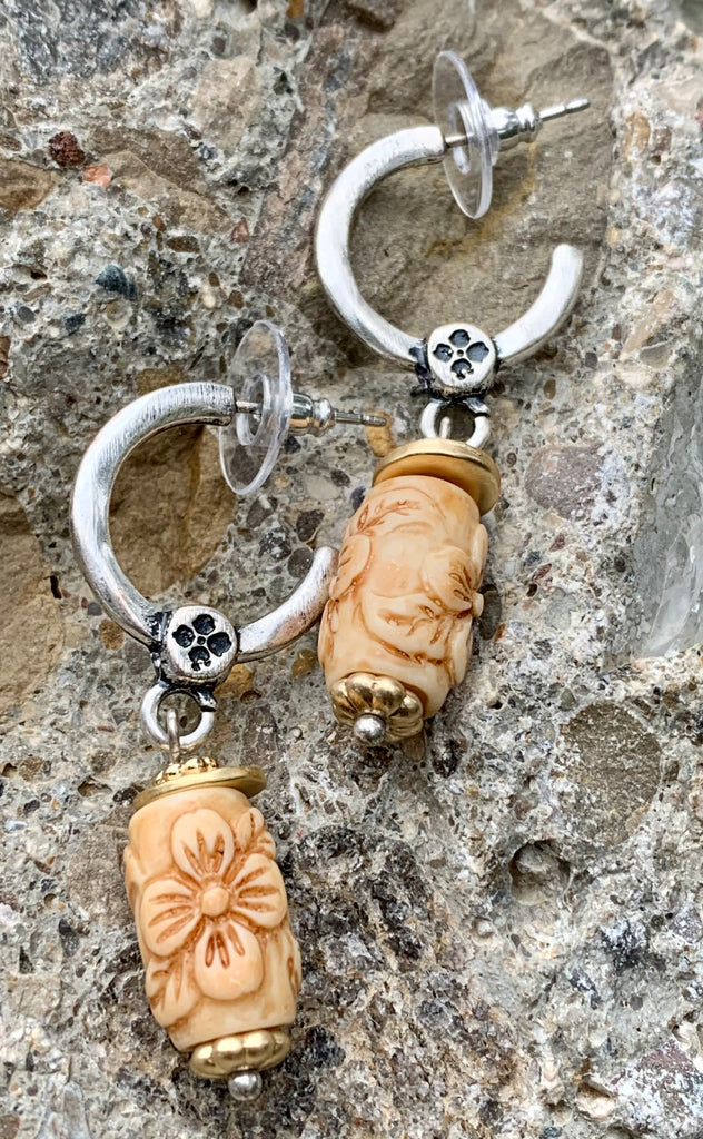 Patricia Nash Silver Hoop Resin Floral Carved Drop Earrings