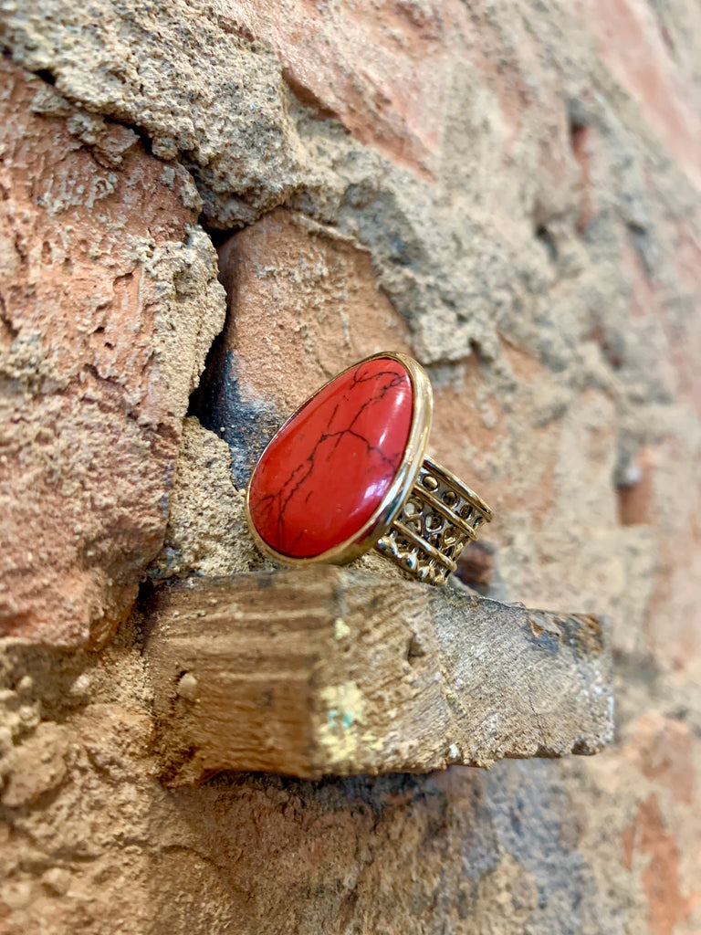 Bronzed by Barse Red Coral Teardrop Bronze Ring