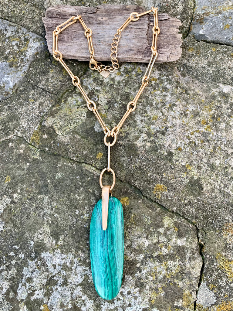 Malachite Sculptural Stone Pendant Y Necklace