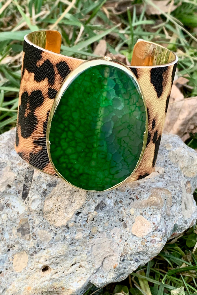 Gone Wild Leopard Print Green Agate Cuff Bracelet