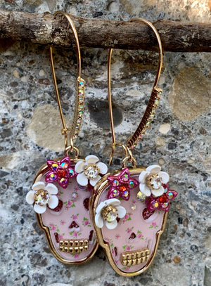 Betsey Johnson Floral Pink Skull Drop Earrings