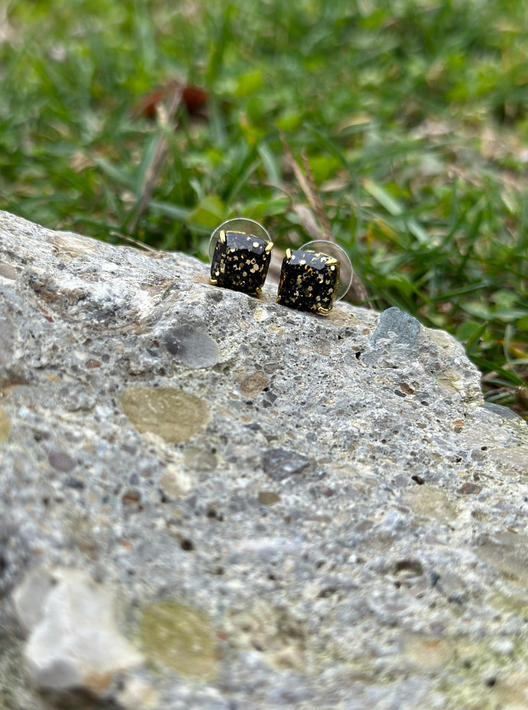 Mini Square Black & Gold Glitter Stud Earrings