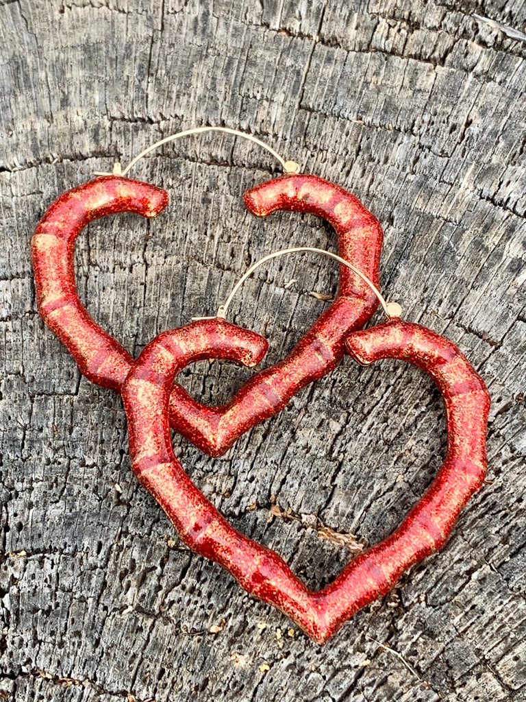 Betsey Johnson Red Glitter Bamboo Heart Hoop Earrings