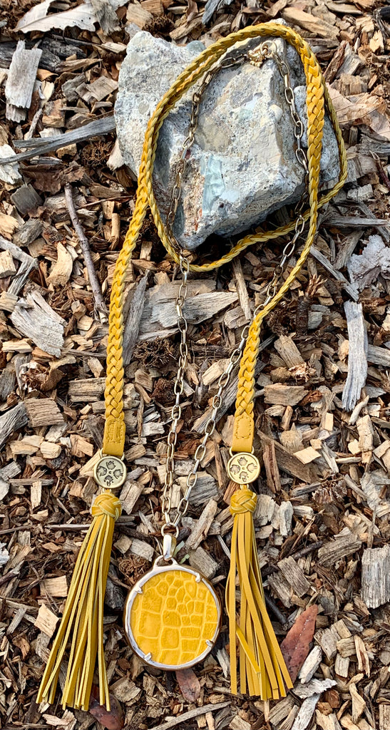 Patricia Nash Cara Distressed Yellow Leather Lariat Braided Necklace