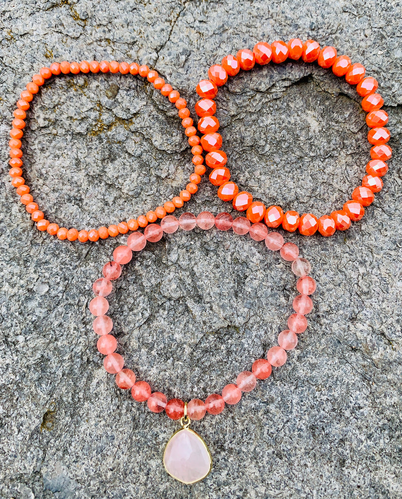 Barse Pink, Melon, Cherry Quartz & Crystal Triple Strand Beaded Bracelet