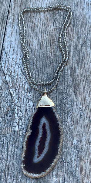 Beaded Crystal Necklace with Agate Slice Pendant